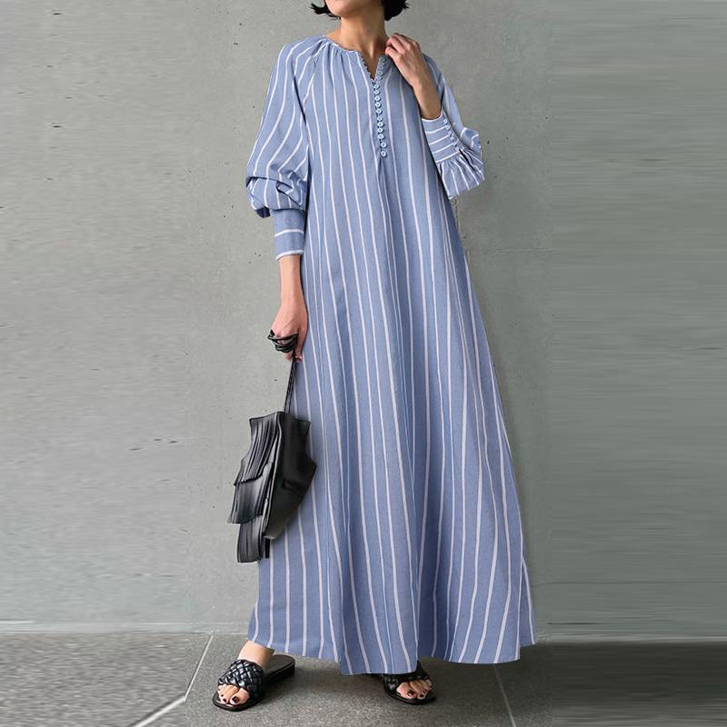 Plus Size Cotton Striped Round Neck Long Sleeves Tunic Dress