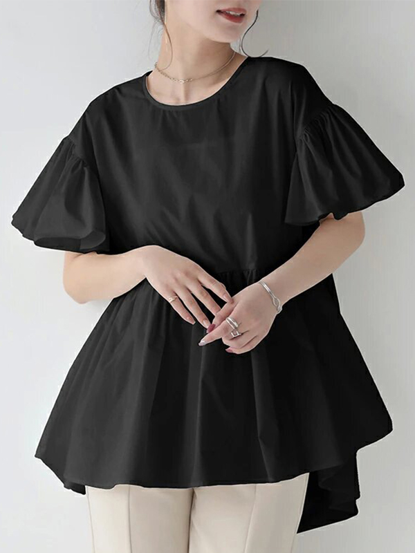 Puff Sleeve Pleated Round Neck Solid Color Blouses