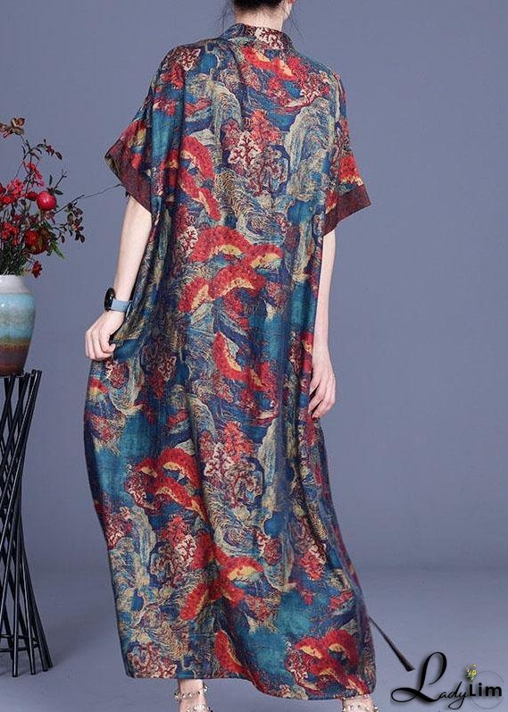 Bohemian Blue Print Silk Robe Dresses Spring