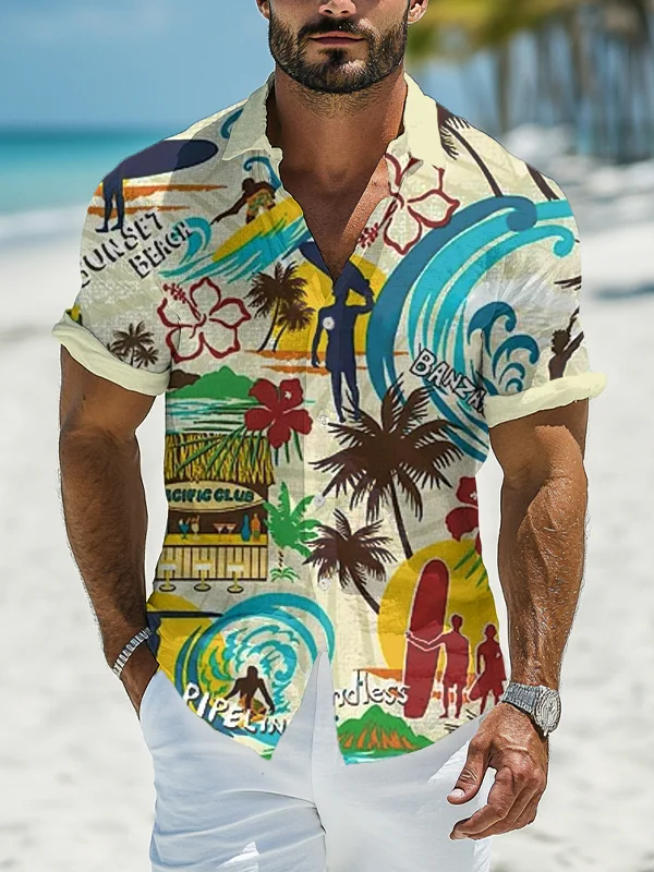 Men's Vacation Hawaii Surfing Cartoon Art Print Shirt