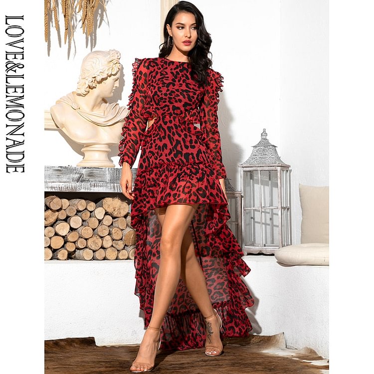 Sexy Cut Out Open Back Red Leopard Long Sleeve Chiffon Dress LM81503 - BlackFridayBuys