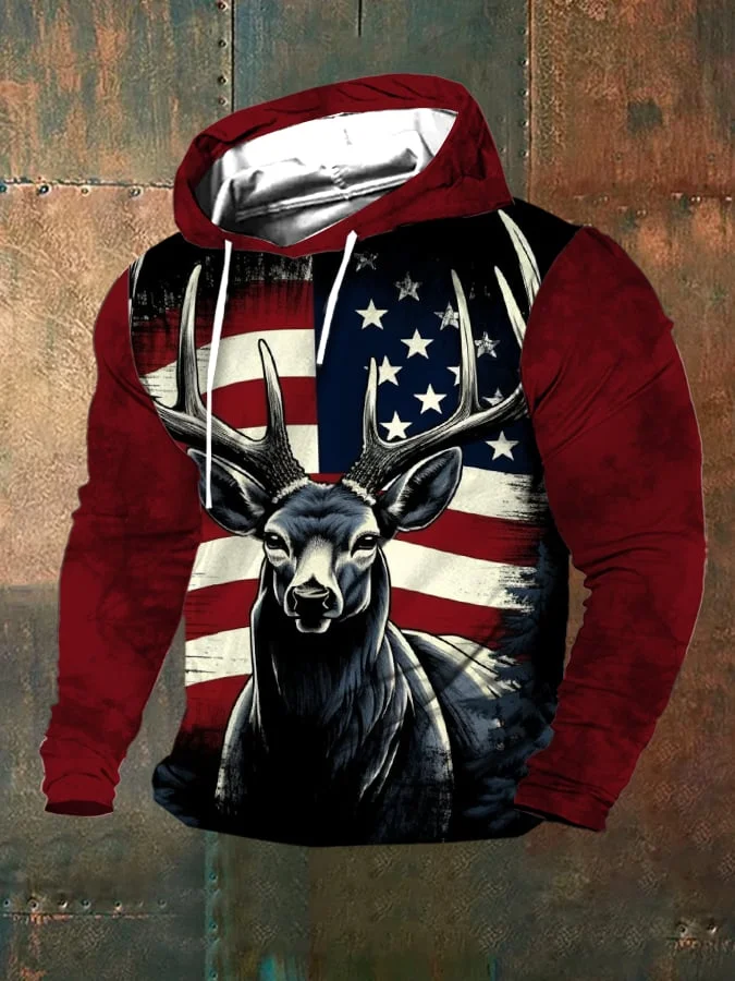 Men's Western Elk Print Hooded Sweatshirt