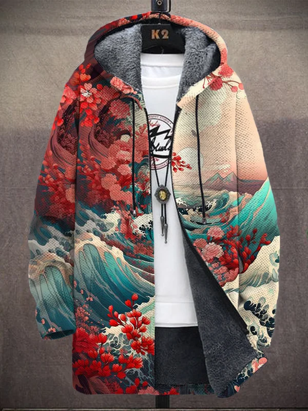 Men's Floral Sea Wave Japanese Art Print Fleece Lined Hooded Trench Coat