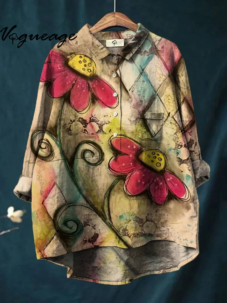 Generous Elegant And Gentle Flowers Print Cotton And Linen Shirt