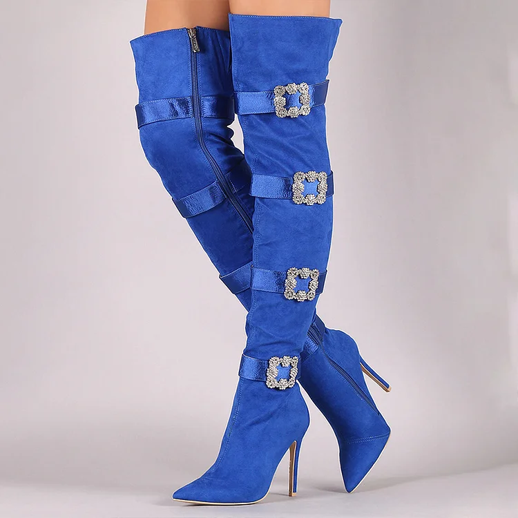 Blue Pointed Stiletto Heel Rhinestones Buckle Shoes Thigh High Boots |FSJ Shoes