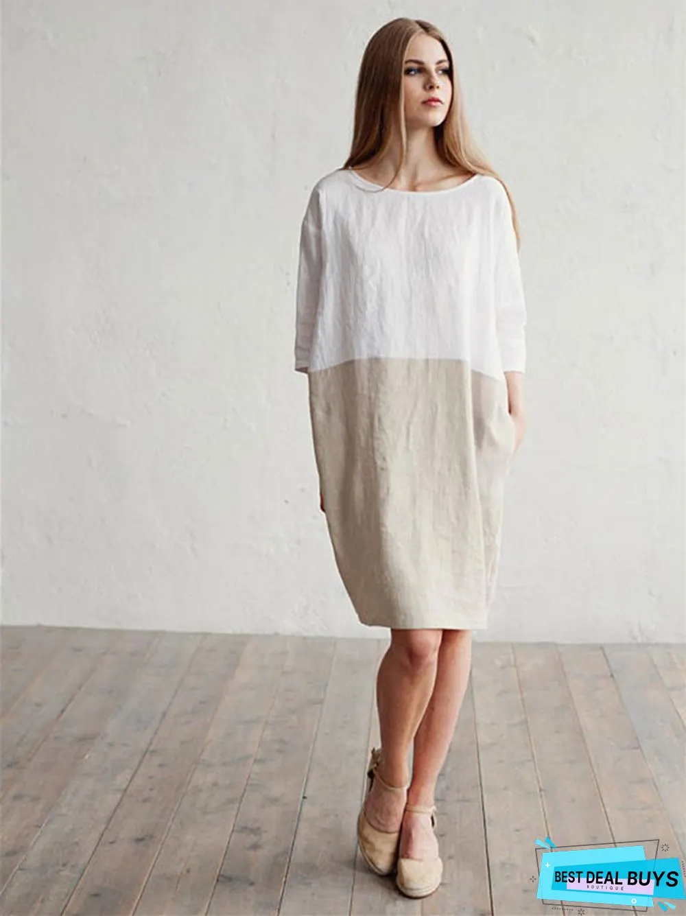 Loose Solid Color Cotton Linen Patchwork Dress Round Neck Seven Sleeve Skirt Waist