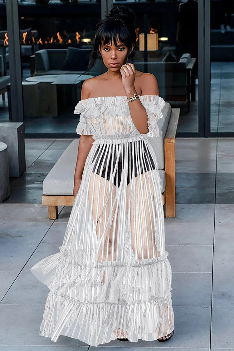 See Through Striped Mesh Frilled Off Shoulder A-Line Maxi Dresses-Orange