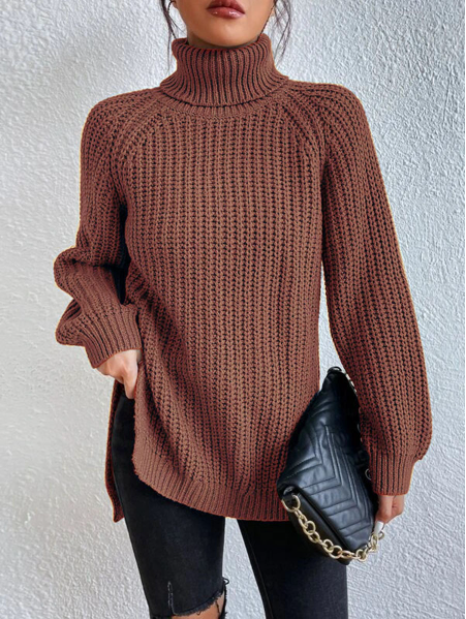 Roll-neck cotton sweater with split hem raglan sleeves