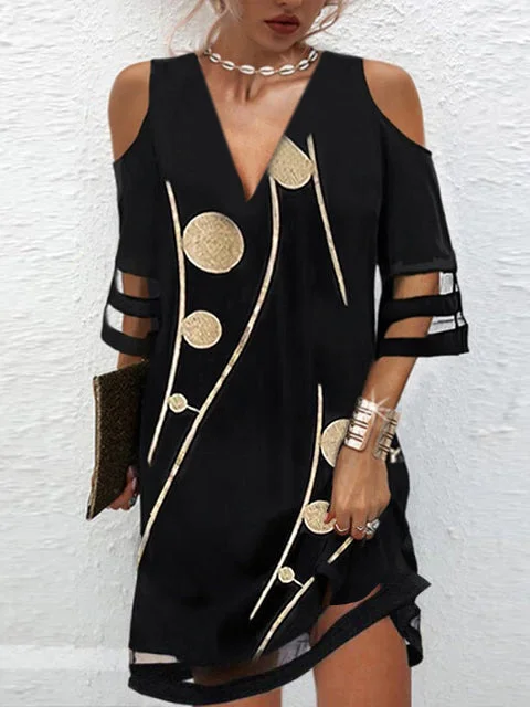 Sheer Cold Shoulder Golden Dot Mini Dress