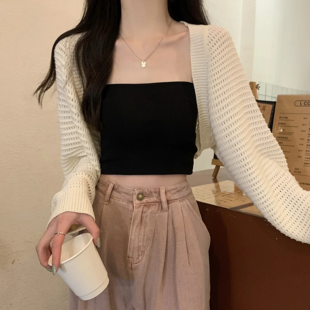 Uveng Uveng Version Of Fashion Loose Hollow Out Short Jacket Cardigan Long Sleeve Sunscreen Knitting Women 2023 Summer New Coat Tide