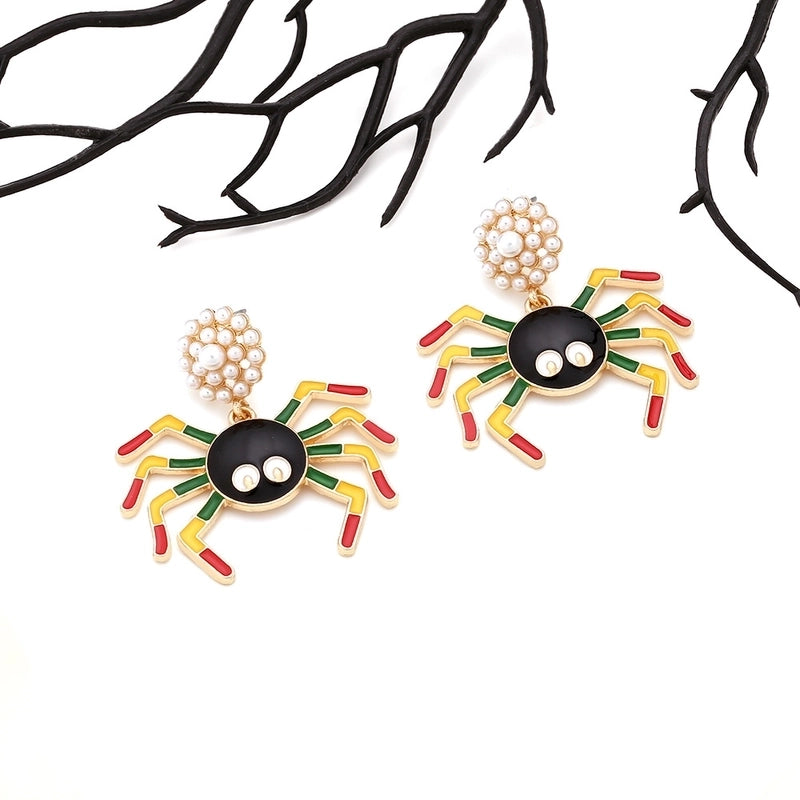 1 Pair Halloween Hip-Hop Funny Insect Spider Enamel Plating Inlay Alloy Artificial Pearls Drop Earrings