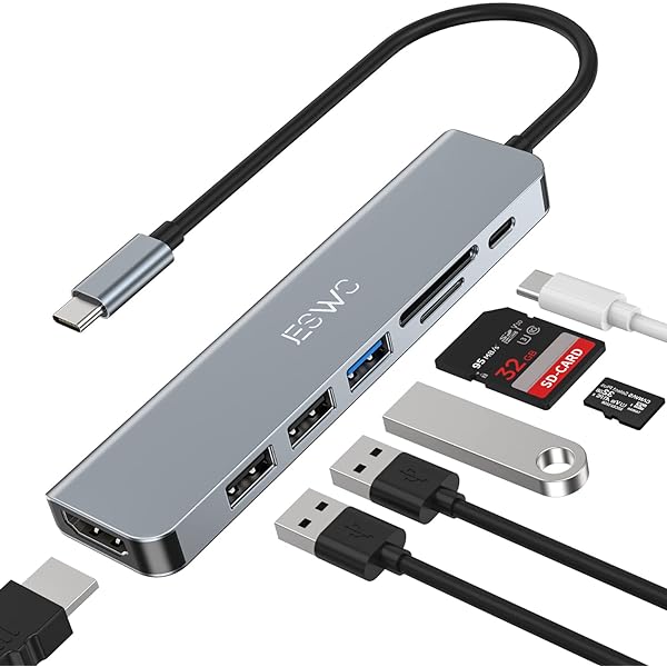 USB C Hub/Adapter, 7 in 1 with 4K HDMI Output, USB 3.0, 2 USB-A, SD/TF Card Reader, 100W PD