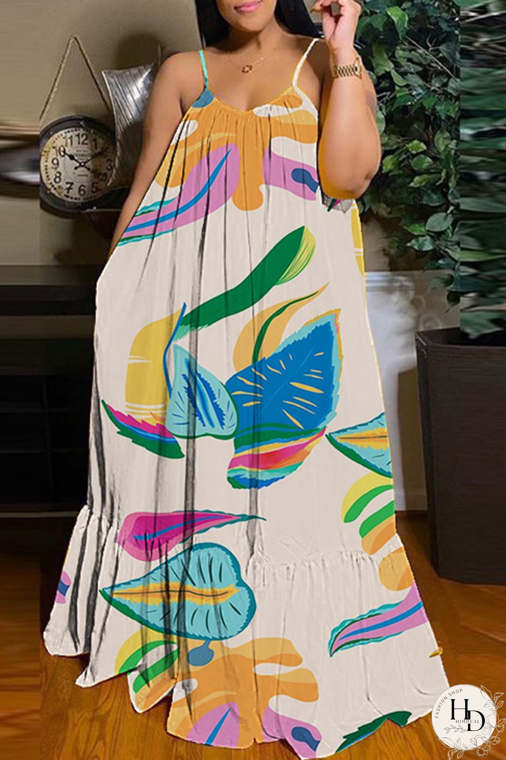 Apricot Sexy Casual Print Backless Spaghetti Strap Long Dress Dresses