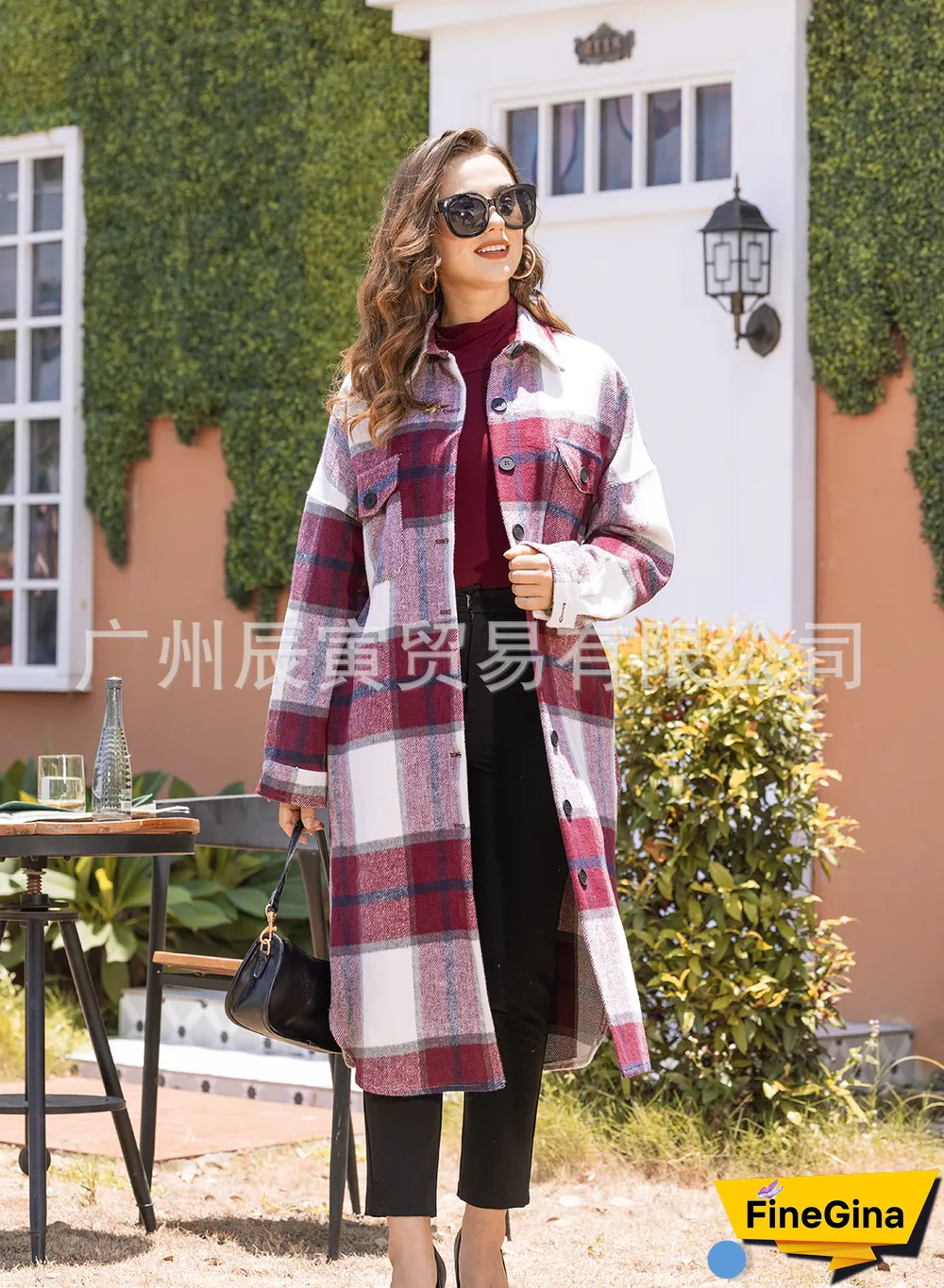 Autumn And Winter Classic Plaid Coat Ladies Lapel Double Side Pockets Long Loose All-match Coat Jackets