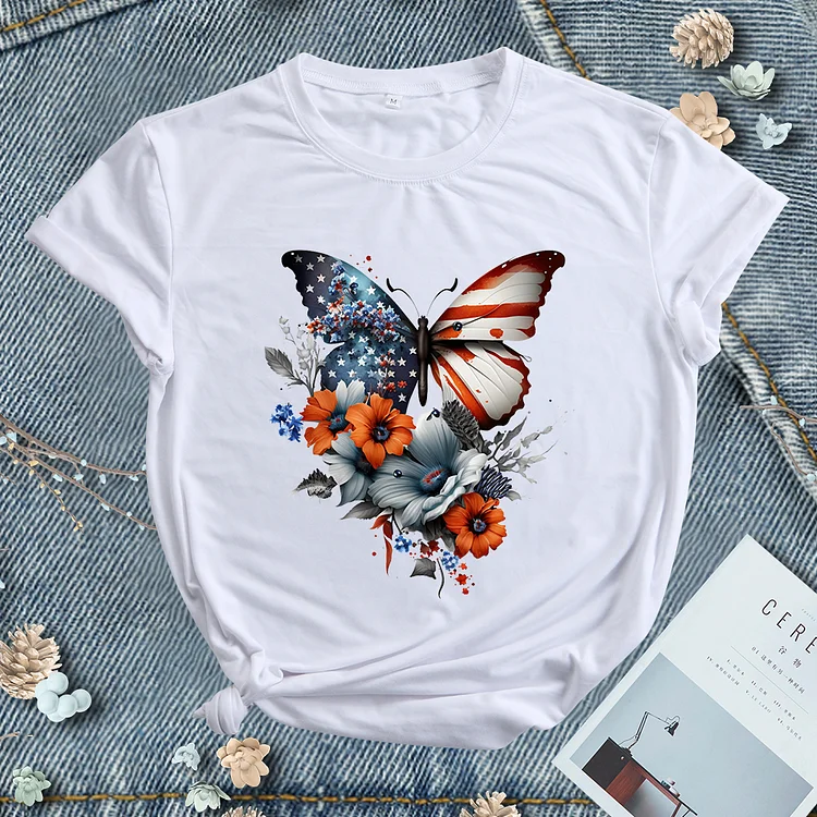 Independence Day Butterfly Flower Round Neck T-shirt - BSP0006