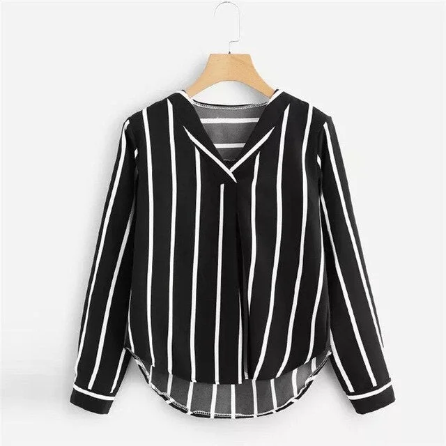 Autumn Long Sleeve V Neck Irregular Stripe Shirt Women Casual Tops And Blouses chemise femme camisas mujer women blouses