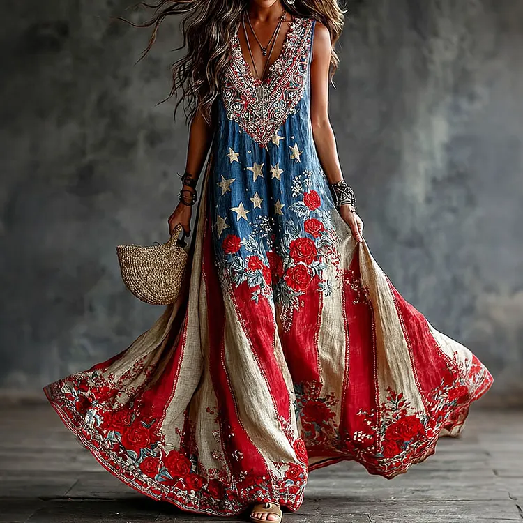 Women's Vintage Floral Flag Patchwork Art Print Tank Dress