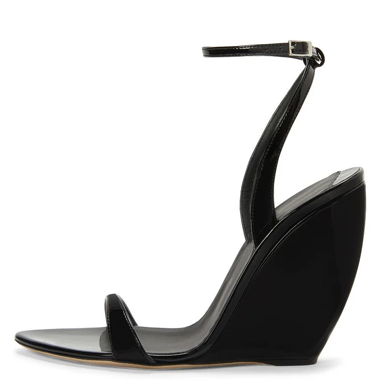Black Patent Leather Wedge Sandals Open Toe Ankle Strap Heels |FSJ Shoes