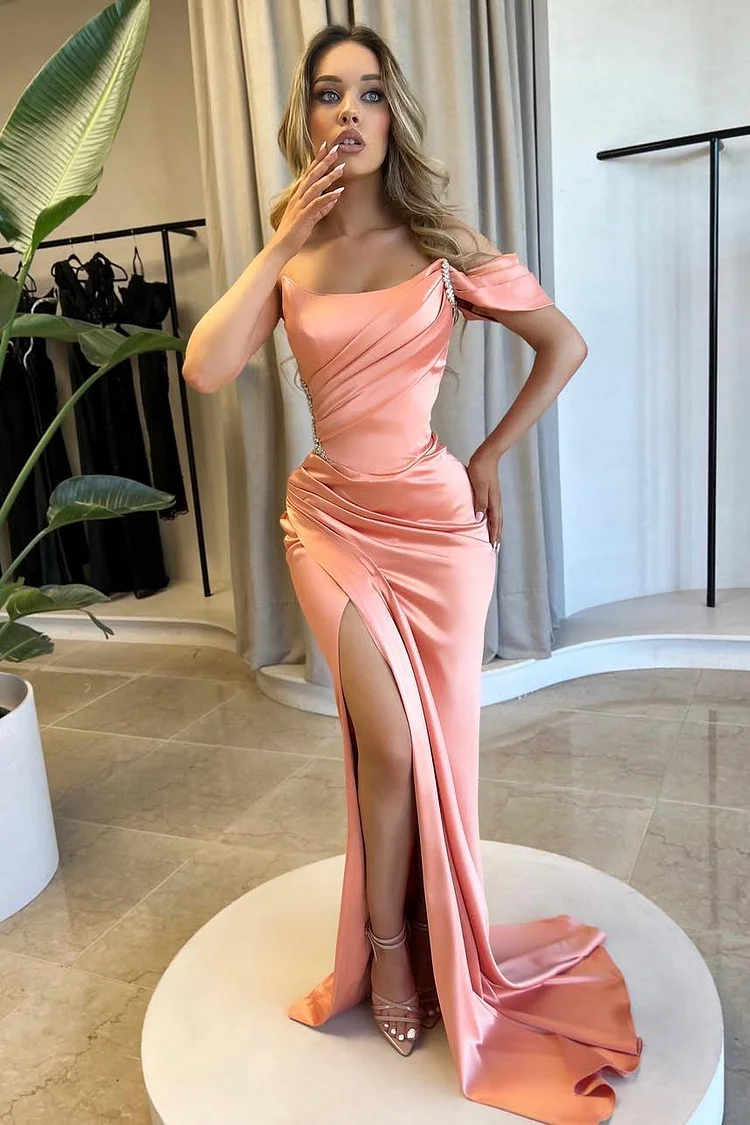 Hellodresses Strapless One Shoulder Long Mermaid Prom Dress With Split Beading