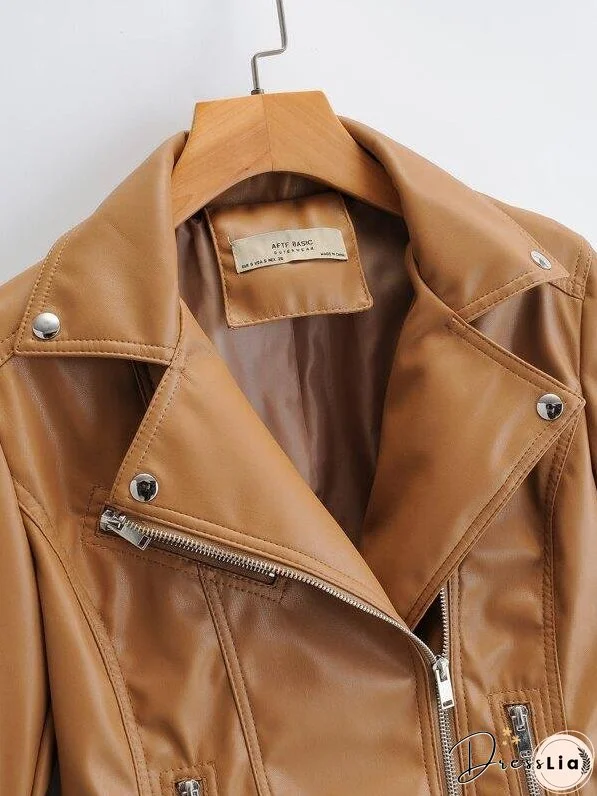 Lapel Collar Zip Up PU Moto Jacket for Women