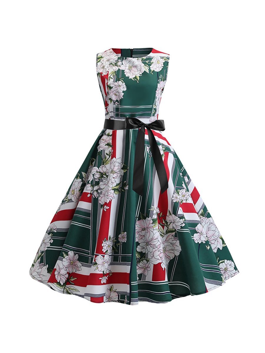 Womens Retro Vintage Dress Sleeveless High Waist Floral Print Dress