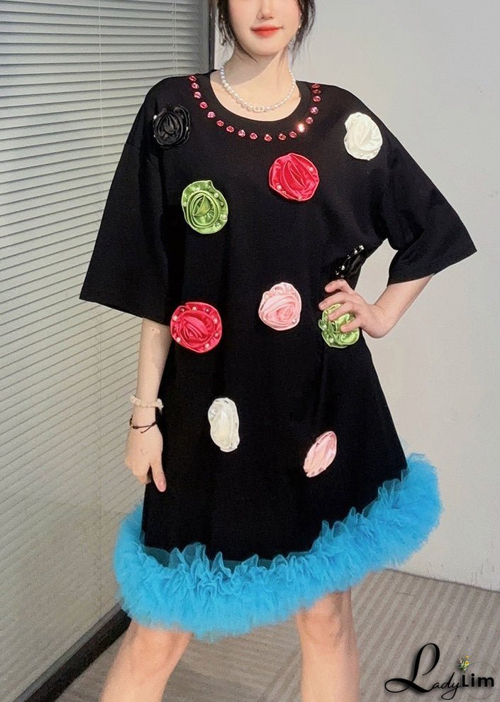Black Patchwork Cotton T Shirts Dress Ruffled Floral Summer