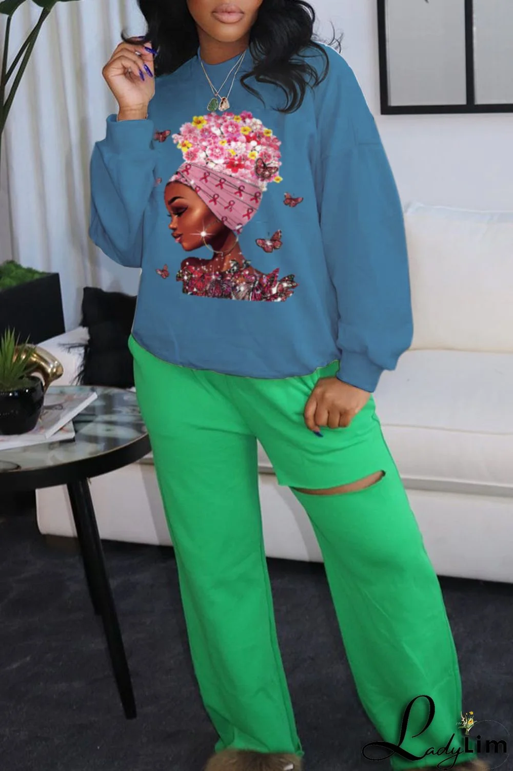 Grey Fashion Vintage Butterfly Print Patchwork O Neck Tops