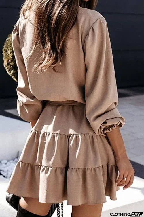 Button Layer Ruffles Long Sleeve Mini Dress