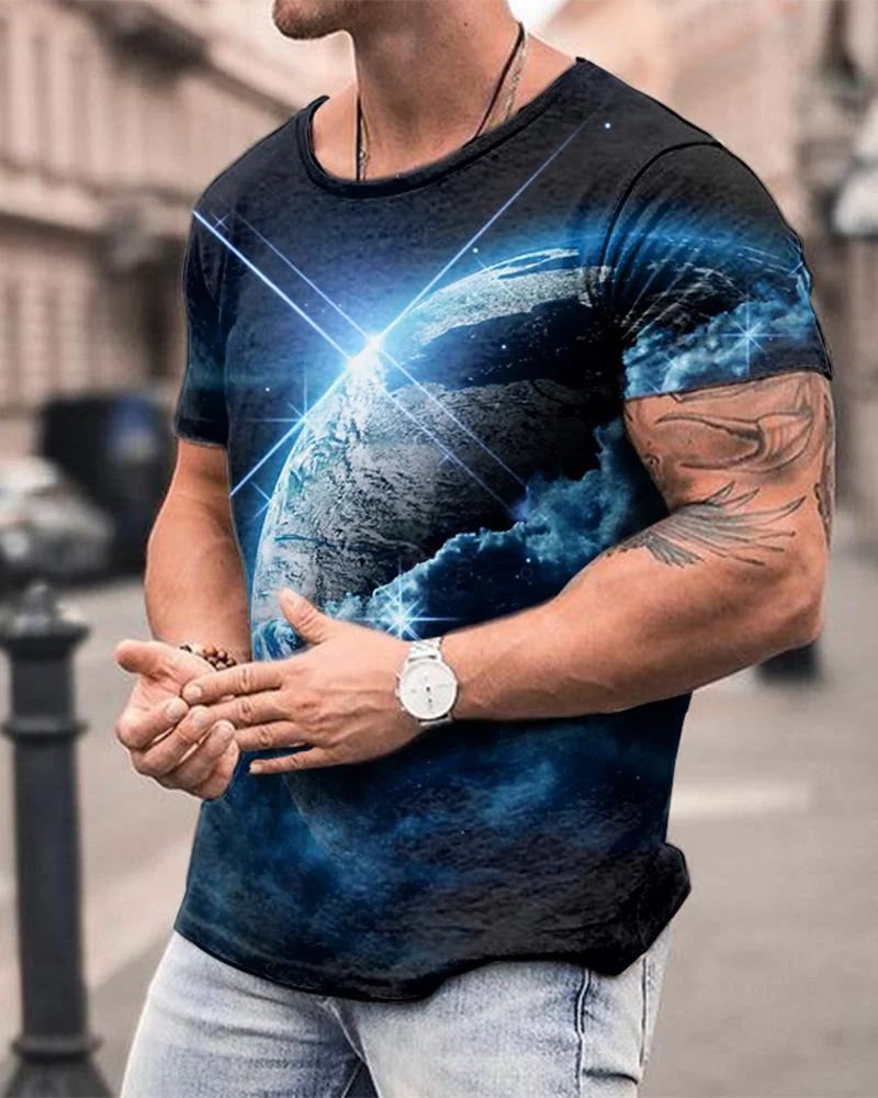 Men's Fashion Earth Printing Short-sleeved T-shirt