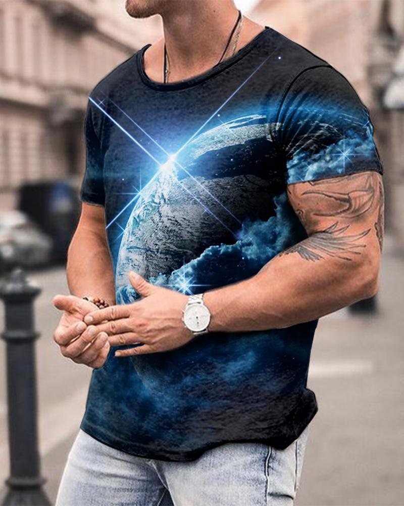 Men's Fashion Earth Printing Short-sleeved T-shirt