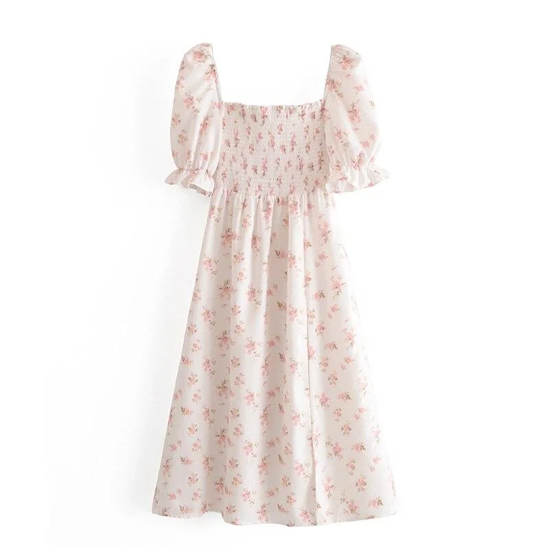 New Fashion Summer Casual Chic Floral Print Chiffon Split Dress Women Holiday Style Elastic Chest Puff Sleeve Dresses Femlae 1023