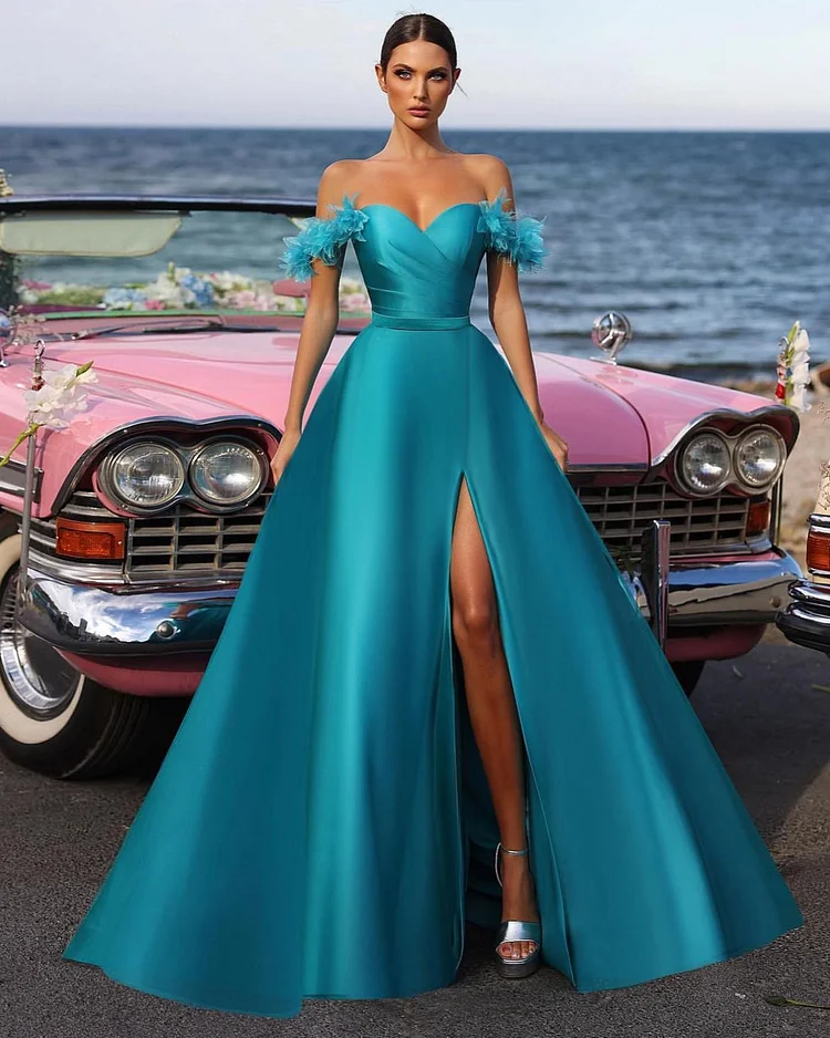 Hellodresses Simple Satin Strapless Off the Shoulder A Line Prom Dress With Split