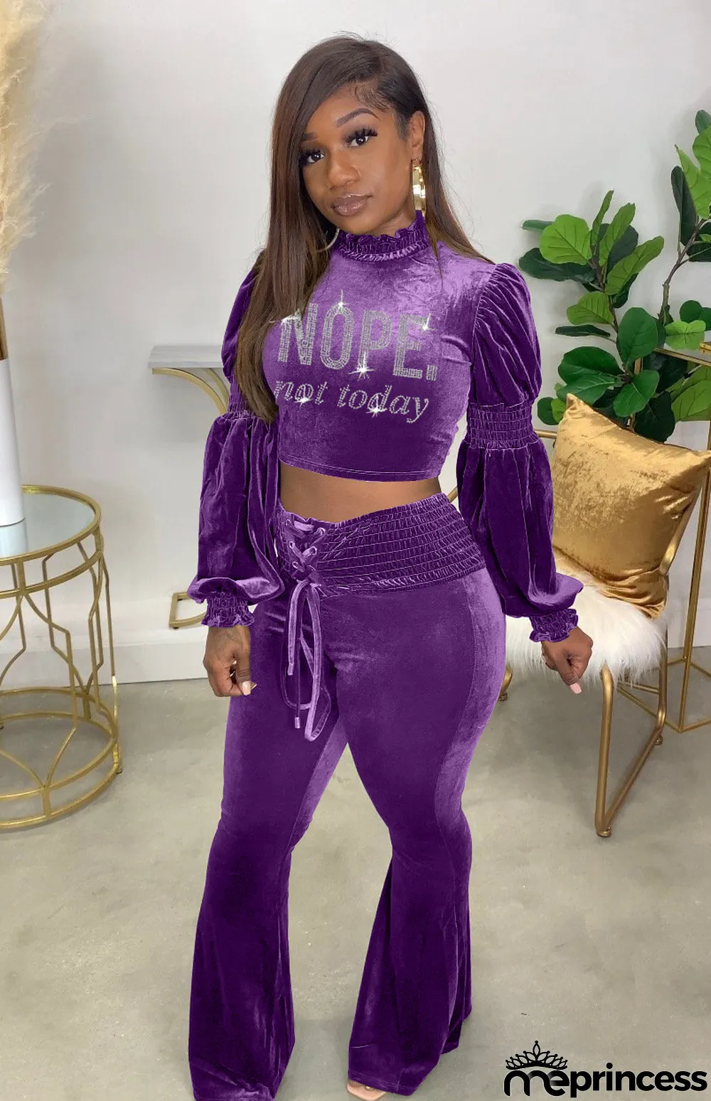 Fashion Letter Print Princess Sleeves Slim-Waist Flare Pant Suits