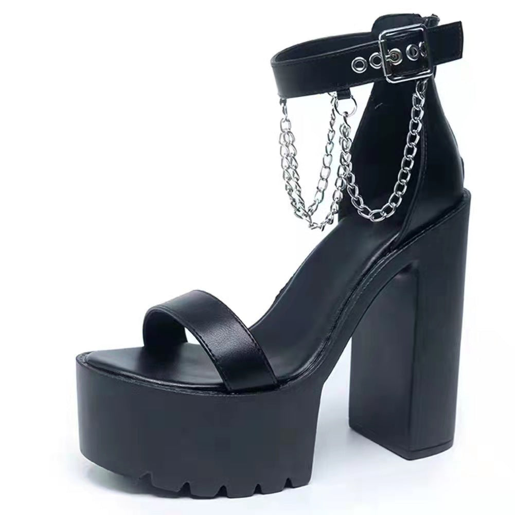 Women's black gothic chains chunky platform high heels sandals Ankle strap steampunk heels