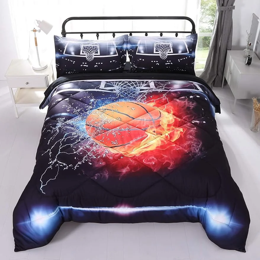 Basketball Bedding Set for Boys and Girls, 5 Pieces Basketball Comforter Set Full/Twin/Queen Size Red Black, 3D Fire Water Upgraded Print, Comfortable and Breathable for Kids