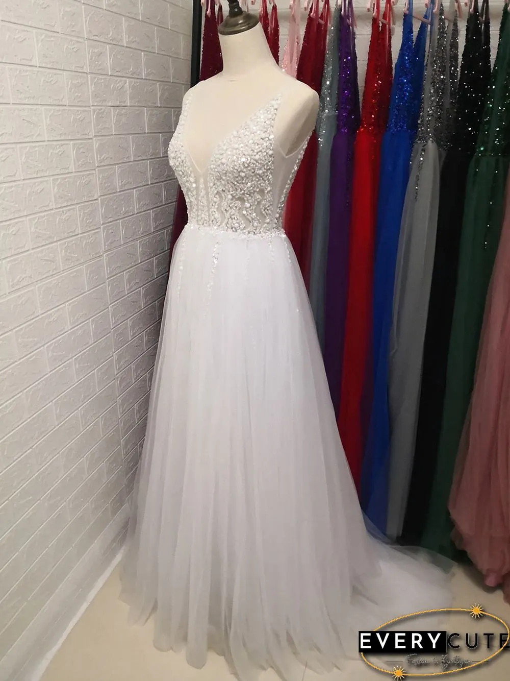 Light Gray Prom Dress Long Neck High Split Tulle Sweep Train Evening Gown A-Line Backless