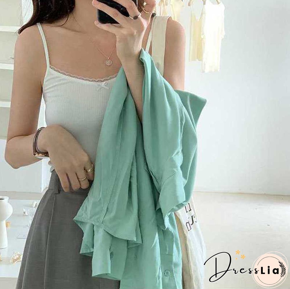 Ribbed Knit Flower Prints Cropped Cami Tops Lace Trim Tank