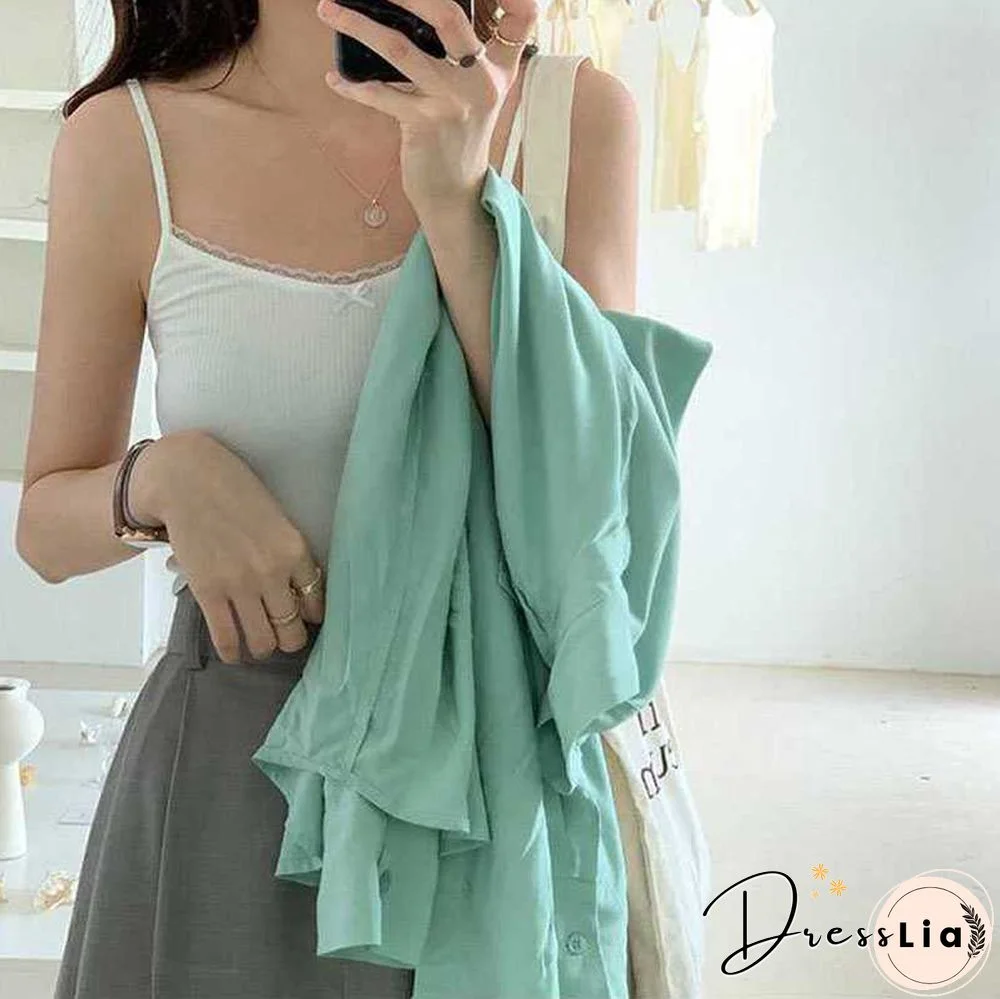 Ribbed Knit Flower Prints Cropped Cami Tops Lace Trim Tank