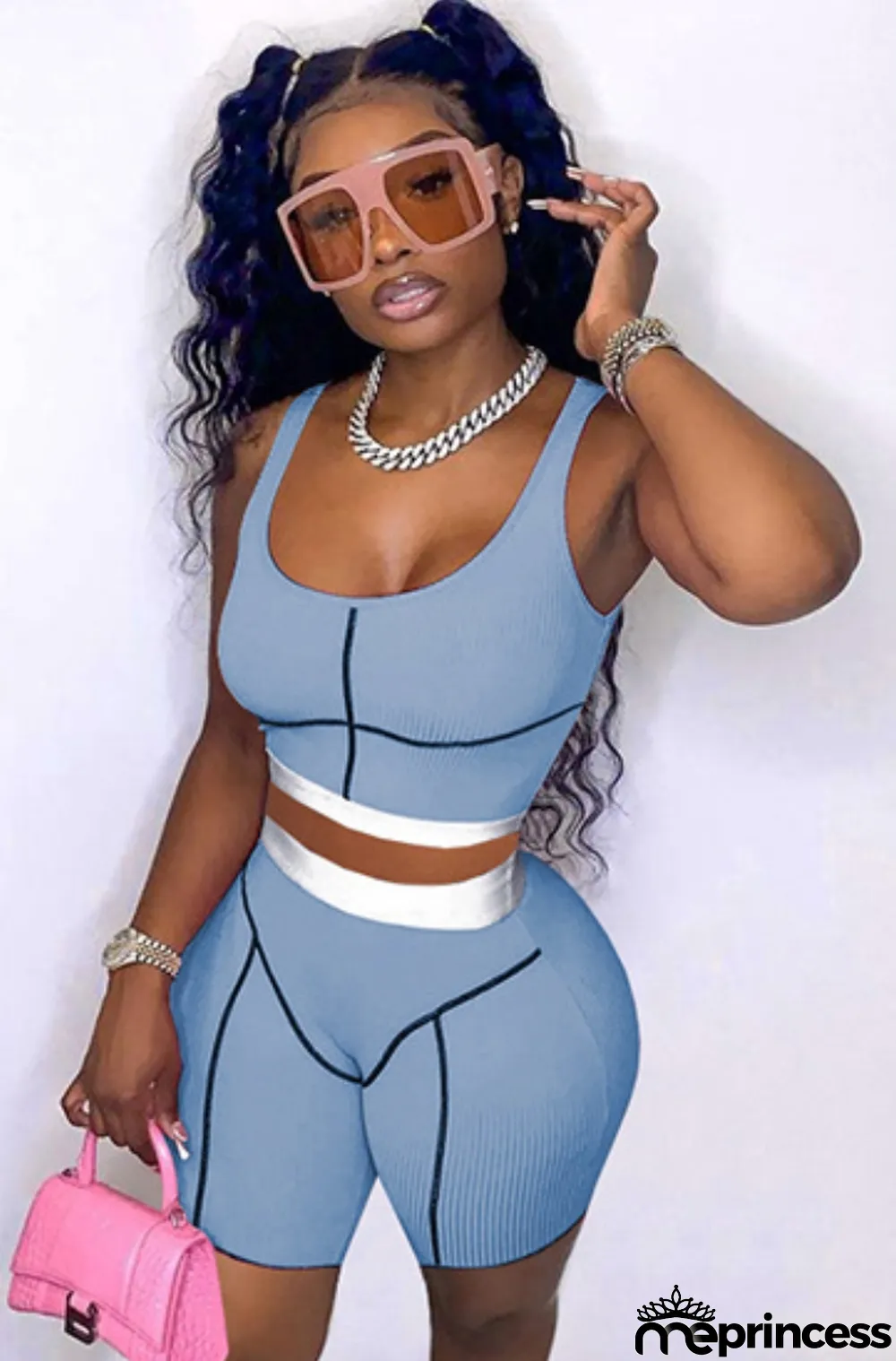 Summer Sports Blue Vest Crop Top and Biker Shorts 2 Piece Set