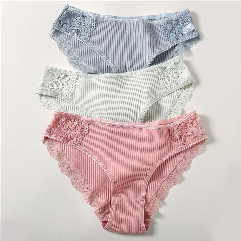3PCS/Set 6 Color Women Panties Cotton Lace Briefs Solid Color for Female Striped Sexy Cotton Underwear Lingerie Low Waist Flower