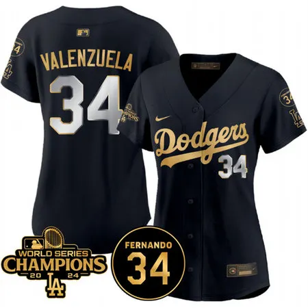 Women's Los Angeles Dodgers #34 Fernando Valenzuela Black 2024 World Series Champions & Fernando Memorial Patch Limited Stitched Baseball Jersey
