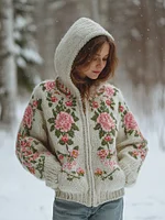 Women's Bohemian Style Pink Rose Art Knit Zip-up Sweater