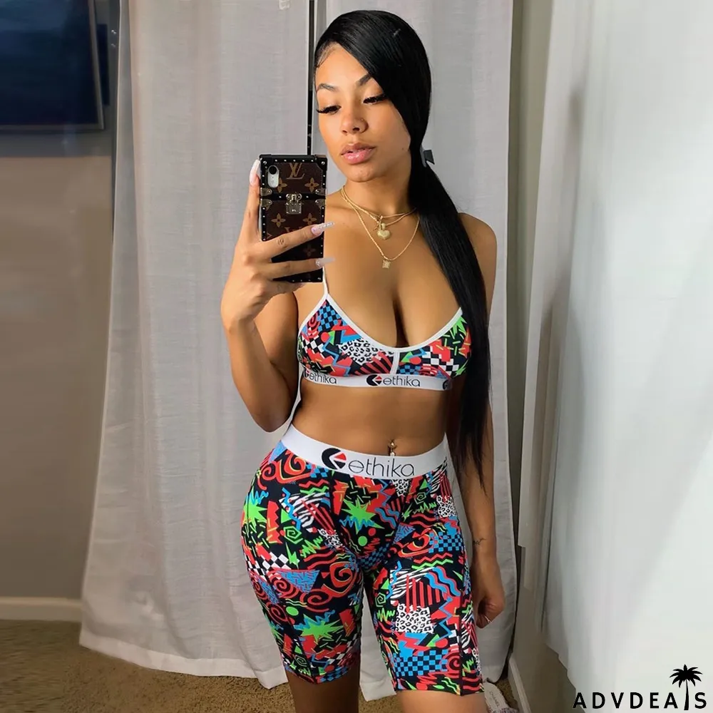 Sexy Printed Tank Top And Shorts Fitness 2 Piece Sets