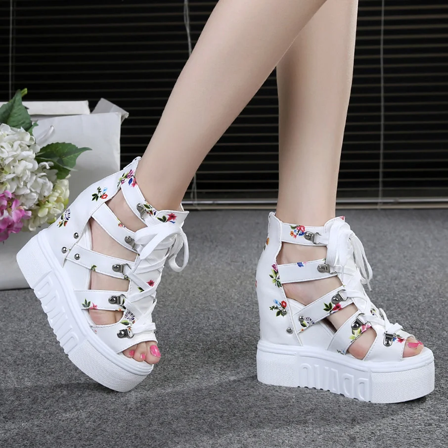 Wongn Wongn Mouth Sandal Female Hollow Out Inside Increased Breathable Mesh Shoes Platform Platform Platform Heel High Heel 11Cm Roman Student Sandals