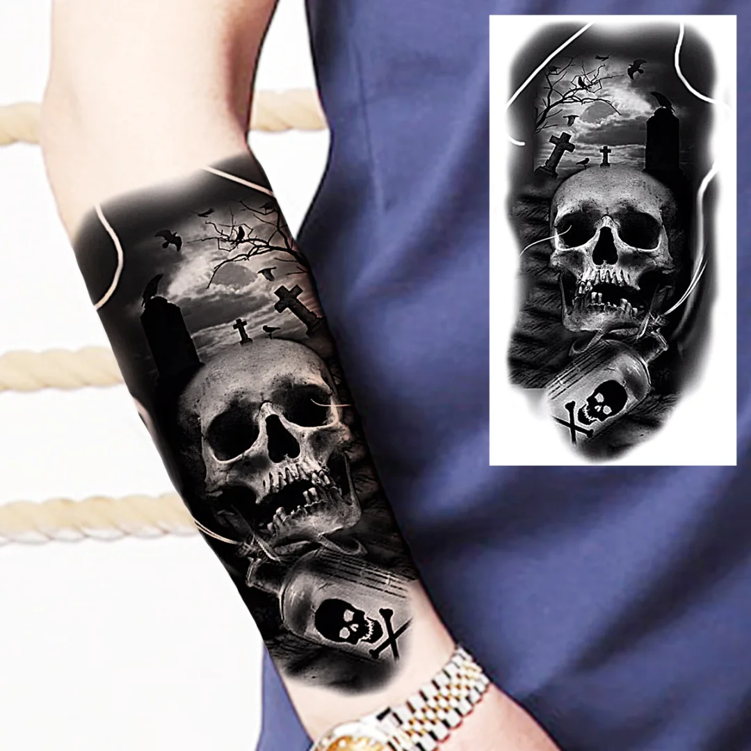 Sdrawing Praying Cross Temporary Tattoos For Men Adults Realistic Wolf Tiger Compass Skull Fake Tattoo Sticker Forearm Tatoos Arm