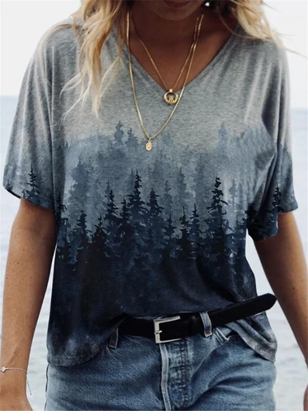 Vintage Forest Printed V-Neck Tee