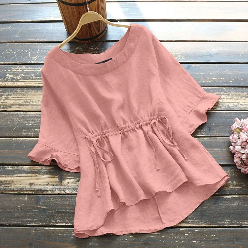 Women Summer Solid Flare Short Sleeve Blouse ZANZEA Cotton Drawstring Tops Casual Elegant O Neck Shirts Tunic Blusas