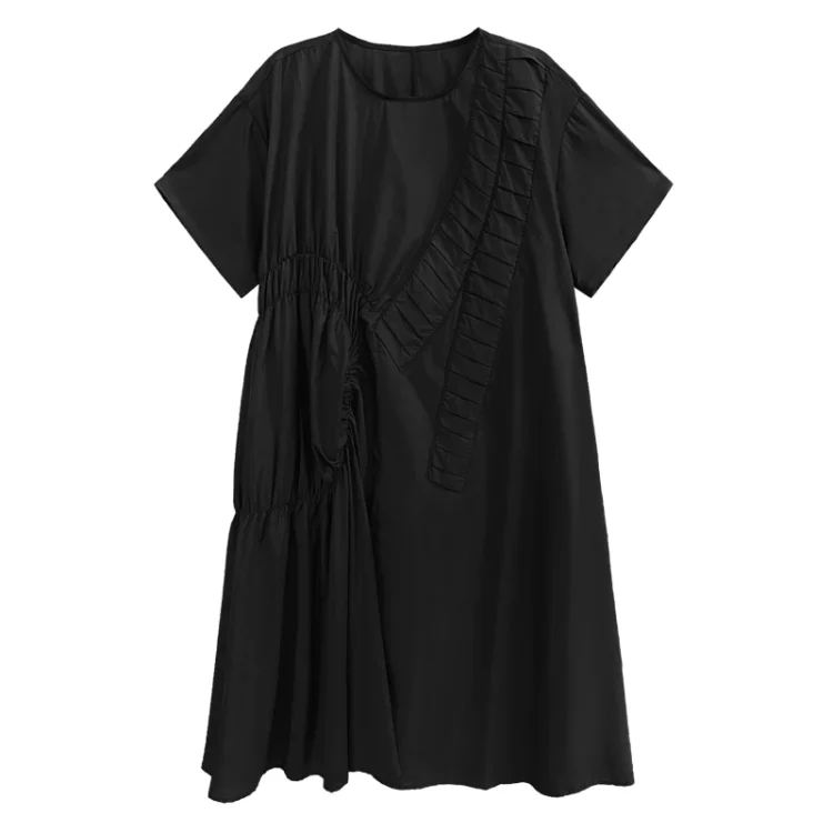 Chic Loose Solid Color O-neck Splicing Irregular Folds Short Sleeve Dress              