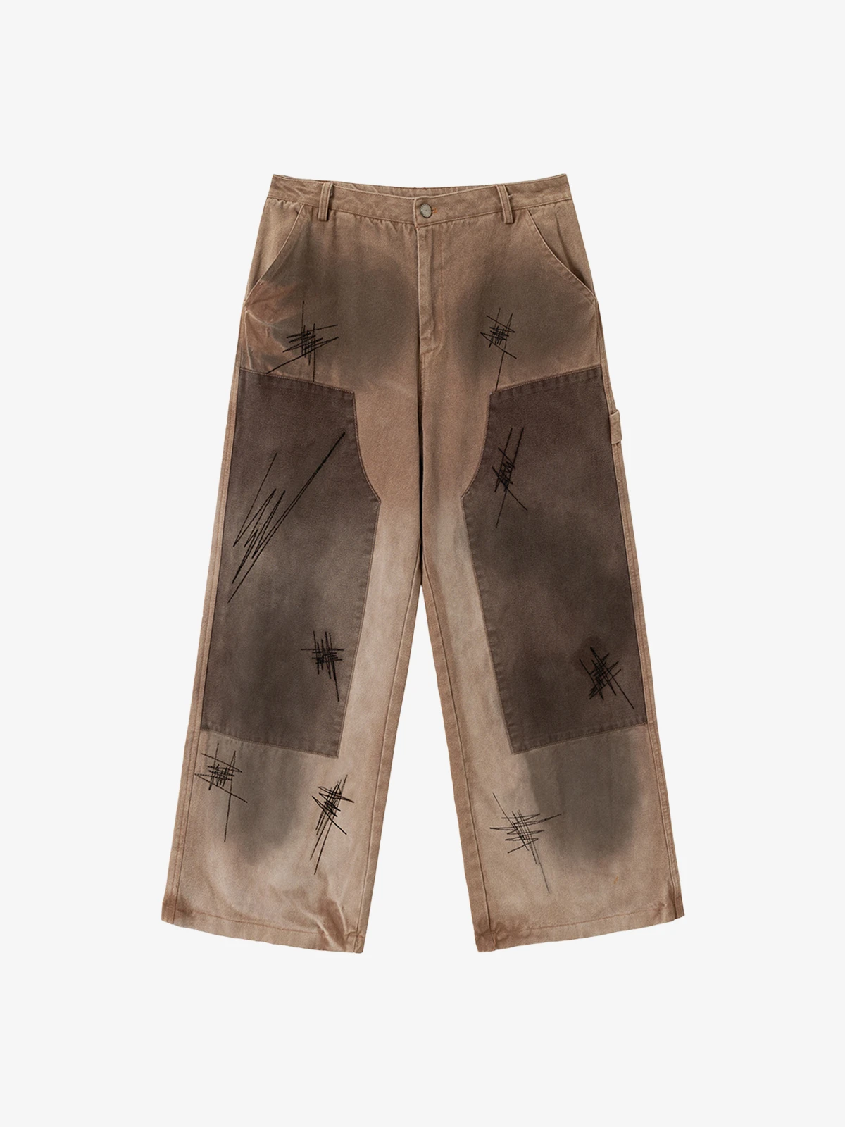 Brown Actchic Distressed Wash Abstract Graffiti Line Jeans Front