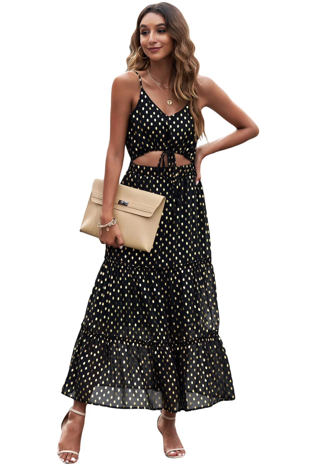 Women Black Boho Polka Dot Print Cut-out Tiered Maxi Dress